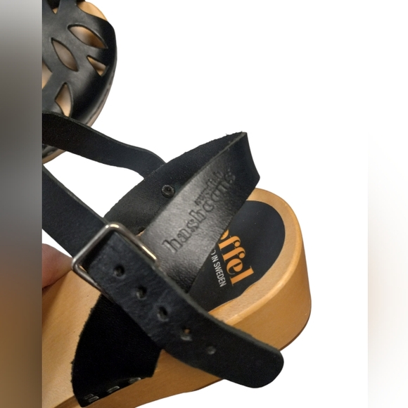 Swedish Hasbeens Toffel Wooden Leather Sandals Womens 41 Ankle Strap Black Clog - Picture 7 of 9